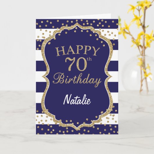 Navy Blue and Gold Glitter 70th Birthday Card Karte (Gelbe Blume)