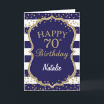 Navy Blue and Gold Glitter 70th Birthday Card Karte<br><div class="desc">Navy Blue and Gold Glitter confetti 70th Birthday Card with personalized name. For further customization,  please click the "Customize it" button and use our design tool to modify this template.</div>