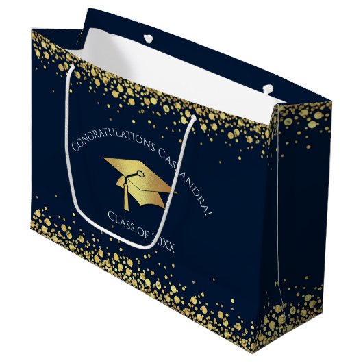 Navy Blue and Gold Graduation Große Geschenktüte (Vorderseite Schrägansicht)