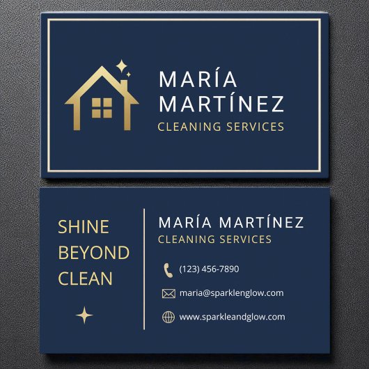 Navy Blue and Gold House Cleaning Services Visitenkarte