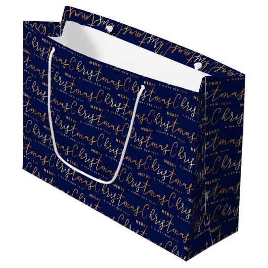 Navy Blue and Gold Merry Christmas Word Art Große Geschenktüte (Vorderseite Schrägansicht)
