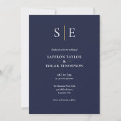 Navy Blue and Gold Monogram Foto Wedding Einladung (Vorderseite)