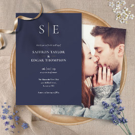 Navy Blue and Gold Monogram Foto Wedding Einladung