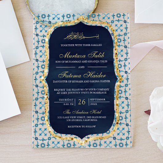 Navy Blue and Gold Moroccan Tile Islamic Wedding Acryleinladungen