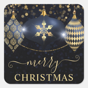 Navy Blue and Gold Ornaments Baubles Weihnachten Quadratischer Aufkleber