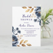 Navy Blue and Gold Peony Bridal Shower Einladung (Stehend Vorderseite)
