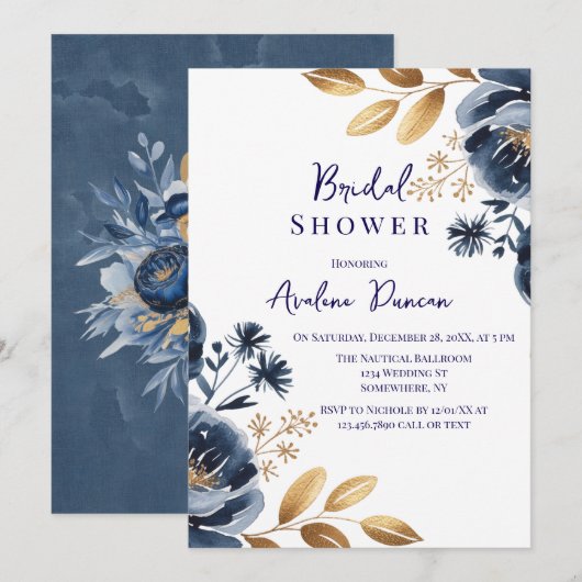 Navy Blue and Gold Peony Bridal Shower Einladung (Vorne/Hinten)