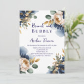 Navy Blue and Gold Peony Brunch and Bubbly Einladung (Stehend Vorderseite)