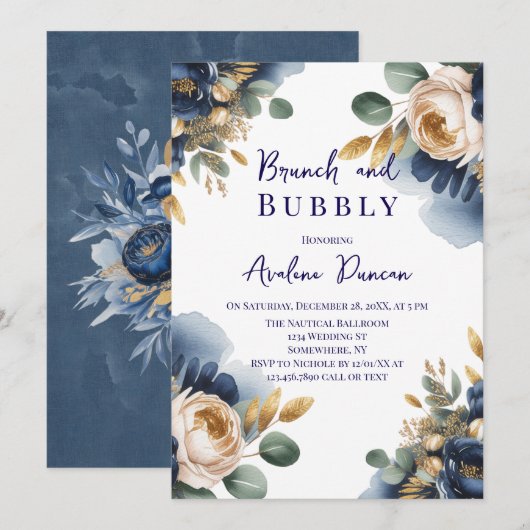 Navy Blue and Gold Peony Brunch and Bubbly Einladung (Vorne/Hinten)