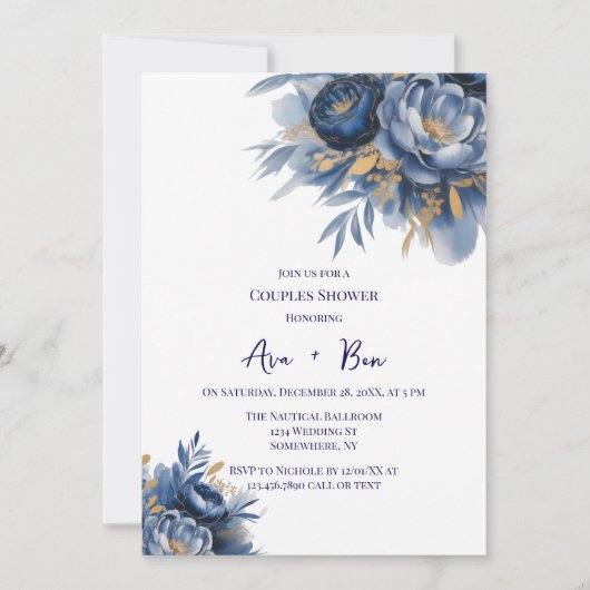 Navy Blue and Gold Peony Flower Couples Shower Einladung (Vorderseite)