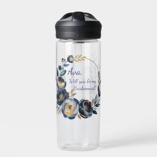 Navy Blue and Gold Peony Flower Wedding Bridesmaid Trinkflasche (Vorderseite)