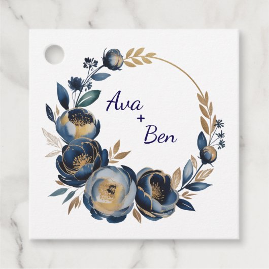 Navy Blue and Gold Peony Flower Wedding Geschenkanhänger (Vorderseite)