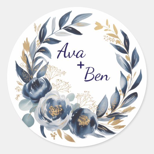 Navy Blue and Gold Peony Flower Wedding Runder Aufkleber (Vorderseite)