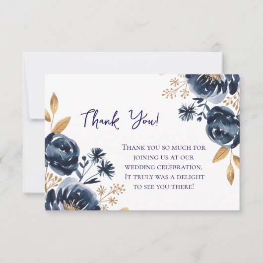 Navy Blue and Gold Peony Wedding Dankeskarte (Vorderseite)