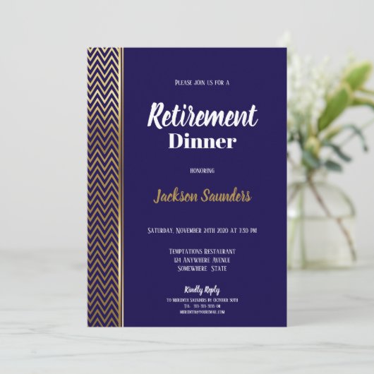 Navy Blue and Gold Retirement Dinner Party Einladung (Stehend Vorderseite)
