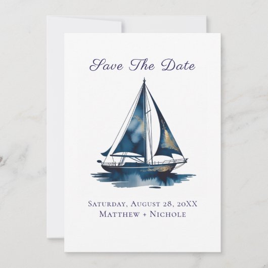 Navy Blue and Gold Sailboat Nautical Wedding Save The Date (Vorderseite)