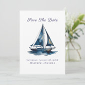 Navy Blue and Gold Sailboat Nautical Wedding Save The Date (Stehend Vorderseite)