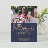 Navy Blue and Gold Script Graduation Party 2 Foto Einladung (Stehend Vorderseite)