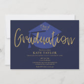 Navy Blue and Gold Script Graduation Party Einladung (Vorderseite)