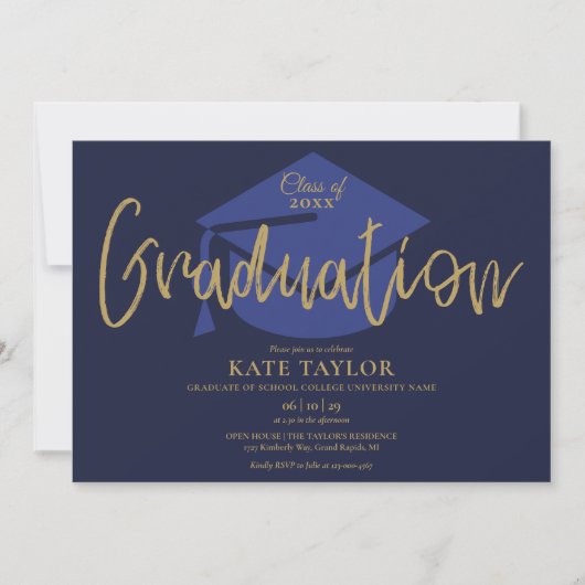 Navy Blue and Gold Script Graduation Party Einladung (Vorderseite)