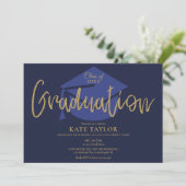 Navy Blue and Gold Script Graduation Party Einladung (Stehend Vorderseite)