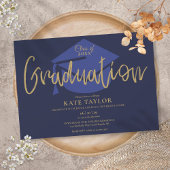 Navy Blue and Gold Script Graduation Party Einladung