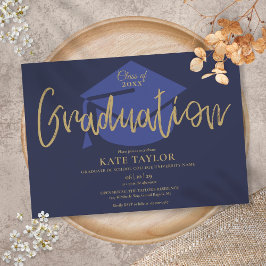 Navy Blue and Gold Script Graduation Party Einladung