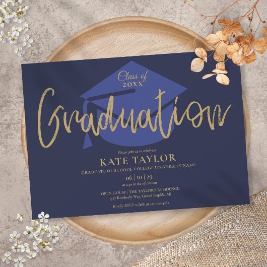 Navy Blue and Gold Script Graduation Party Einladung
