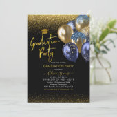 Navy Blue and Gold Sparkling Graduing Party Einladung (Stehend Vorderseite)