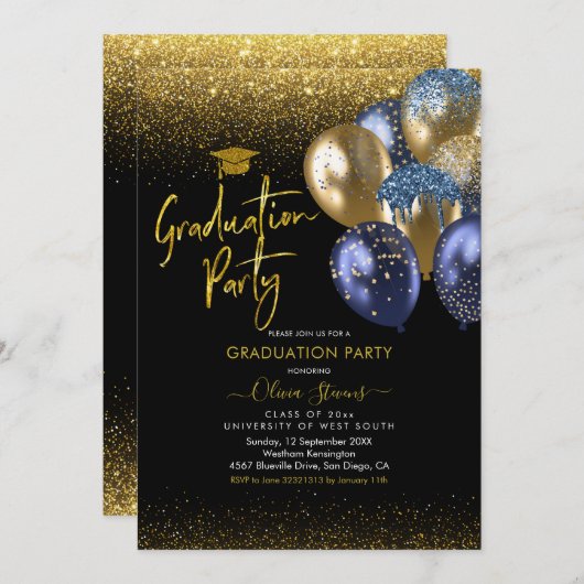 Navy Blue and Gold Sparkling Graduing Party Einladung (Vorne/Hinten)