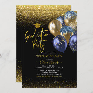 Navy Blue and Gold Sparkling Graduing Party Einladung