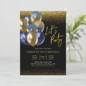 Navy Blue and Gold Sparkling Let's Party Einladung (Stehend Vorderseite)