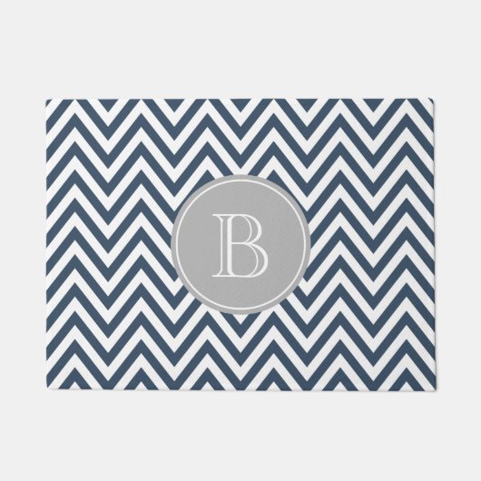 Navy Blue and Grau Zickzack Custom Monogram Fußmatte (Vorderseite)