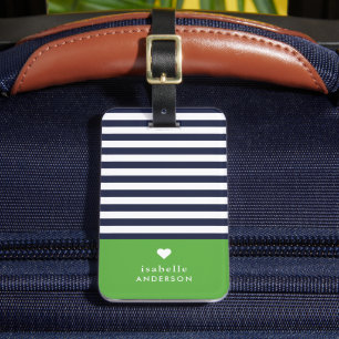 Navy Blue and Green Chic Stripes Heft Monogram Gepäckanhänger