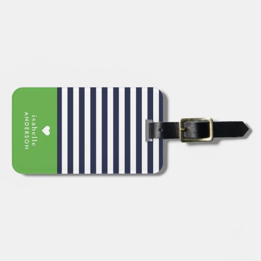 Navy Blue and Green Chic Stripes Heft Monogram Gepäckanhänger (Vorderseite horizontal)