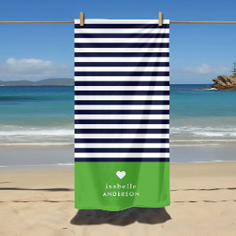 Navy Blue and Green Chic Stripes Heft Monogram Strandtuch