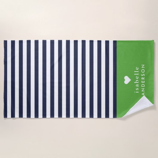 Navy Blue and Green Chic Stripes Heft Monogram Strandtuch (Vorderseite)
