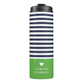 Navy Blue and Green Chic Stripes Heft Monogram Thermosbecher (Vorderseite)