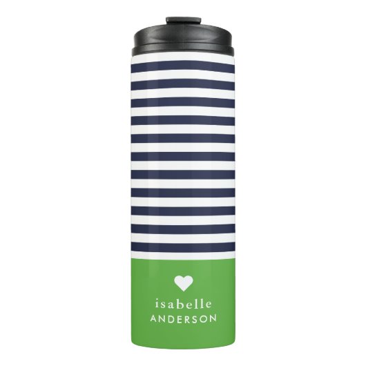 Navy Blue and Green Chic Stripes Heft Monogram Thermosbecher (Vorderseite)
