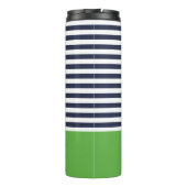 Navy Blue and Green Chic Stripes Heft Monogram Thermosbecher (Rückseite)