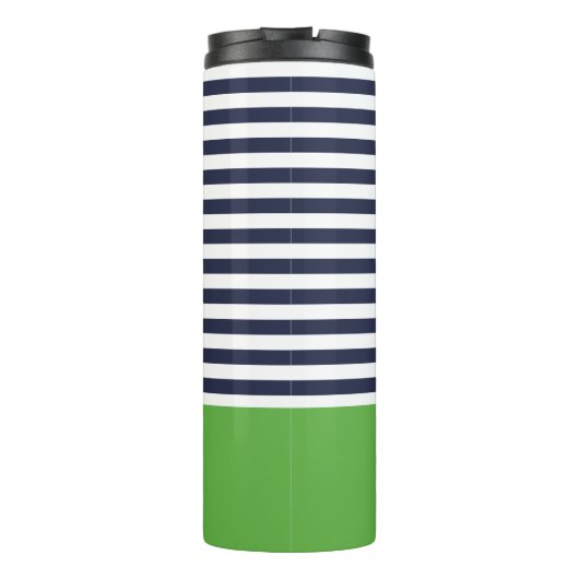 Navy Blue and Green Chic Stripes Heft Monogram Thermosbecher (Rückseite)