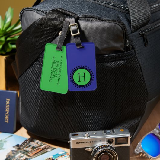 Navy Blue and Green Polka Dot Monogram Gepäckanhänger (Vorderseite & Rückseite)