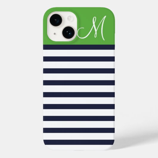 Navy Blue and Green Preppy Strips Custom Monogram Case-Mate iPhone Hülle (Rückseite)