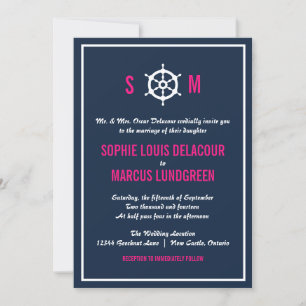 Navy Blue and Hot Pink Nautical Monogram Wedding Einladung