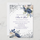 Navy Blue and Ivorou Floral Engagement Party Einladung (Vorderseite)