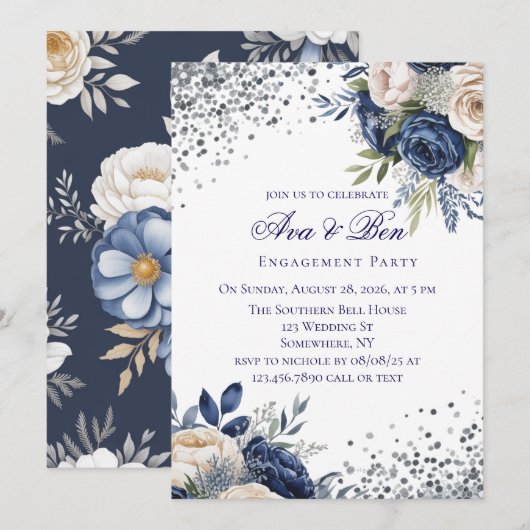 Navy Blue and Ivorou Floral Engagement Party Einladung (Vorne/Hinten)