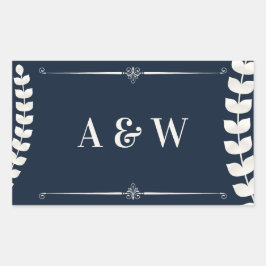 Navy Blue and Ivory Elegant Laurel Monogram Weddin Rechteckiger Aufkleber