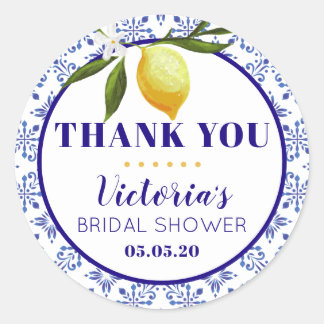 Navy Blue and Lemon bridal shower round sticker