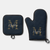 Navy Blue and Metallic Gold Monogram Script Ofenhandschuh & Topflappen-Set (Vorderseite)