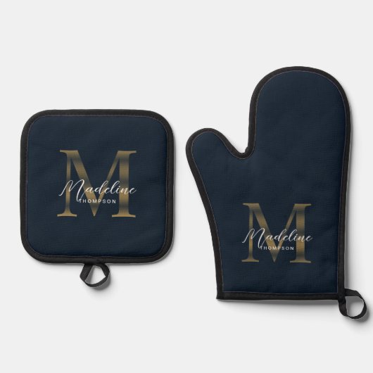 Navy Blue and Metallic Gold Monogram Script Ofenhandschuh & Topflappen-Set (Vorderseite)